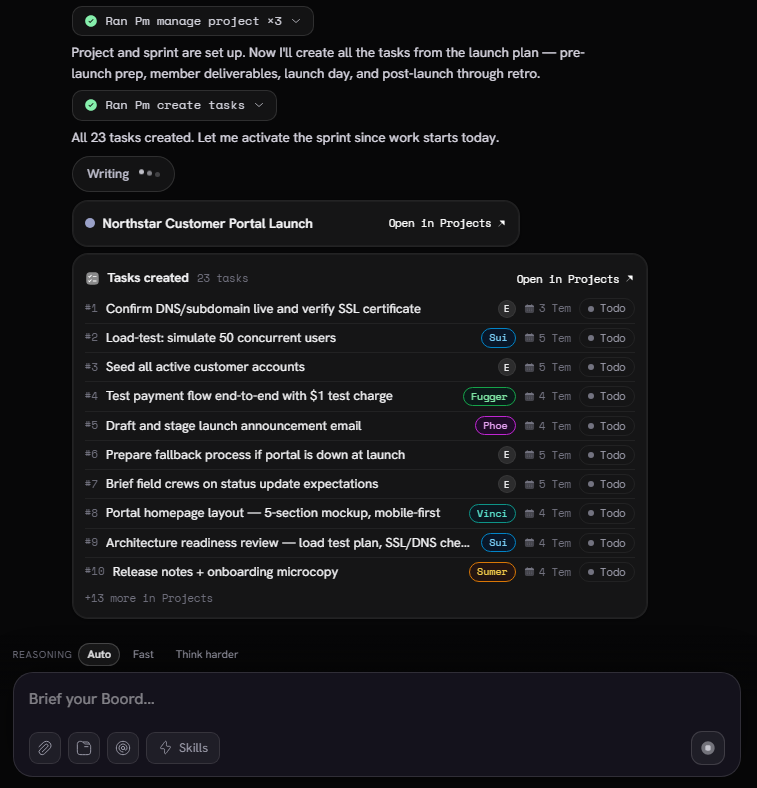 Signed-in Boord staging chat creating a project, sprint, and task list from a launch plan